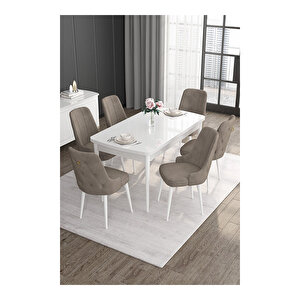 Noa Serisi, 80x132 Mdf Açılabilir Beyaz Masa Takımı, 6 Sandalye Gold Halkalı Cappucino