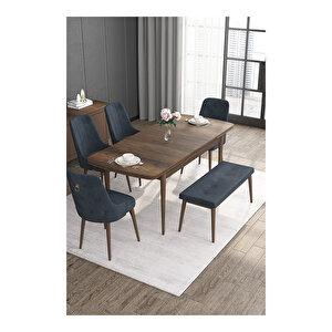 Noa Serisi, Mdf 80x132 Açılabilir Barok Ahşap Desen Mutfak Masa Takımı, 4 Sandalye Gold Halkalı Ve 1 Bench Antrasit