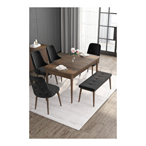 Noa Serisi, Mdf 80x132 Açılabilir Barok Ahşap Desen Mutfak Masa Takımı, 4 Sandalye Gold Halkalı Ve 1 Bench Siyah