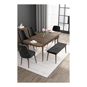 Noa Serisi, Mdf 80x132 Açılabilir Barok Ahşap Desen Mutfak Masa Takımı, 4 Sandalye Gold Halkalı Ve 1 Bench Siyah