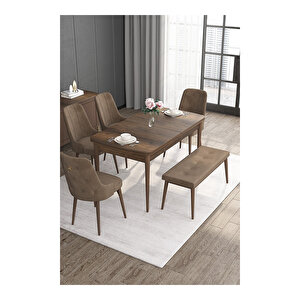 Noa Serisi, Mdf 80x132 Açılabilir Barok Ahşap Desen Mutfak Masa Takımı, 4 Sandalye Gold Halkalı Ve 1 Bench