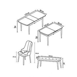 Noa Serisi, Mdf 80x132 Açılabilir Barok Ahşap Desen Mutfak Masa Takımı, 4 Sandalye Gold Halkalı Ve 1 Bench