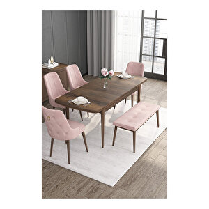 Noa Serisi, Mdf 80x132 Açılabilir Barok Ahşap Desen Mutfak Masa Takımı, 4 Sandalye Gold Halkalı Ve 1 Bench Pembe
