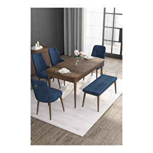 Noa Serisi, Mdf 80x132 Açılabilir Barok Ahşap Desen Mutfak Masa Takımı, 4 Sandalye Gold Halkalı Ve 1 Bench Lacivert