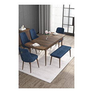 Noa Serisi, Mdf 80x132 Açılabilir Barok Ahşap Desen Mutfak Masa Takımı, 4 Sandalye Gold Halkalı Ve 1 Bench Lacivert