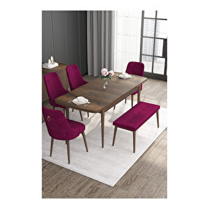 Noa Serisi, Mdf 80x132 Açılabilir Barok Ahşap Desen Mutfak Masa Takımı, 4 Sandalye Gold Halkalı Ve 1 Bench Mürdüm