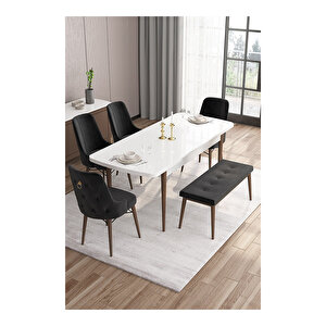 Noa Serisi,beyaz Masa Ceviz Ayak Mdf 80x132 Açılabilir Yemek Odası Takımı,4 Sandalye Gold Halkalı Ve 1 Bench Siyah