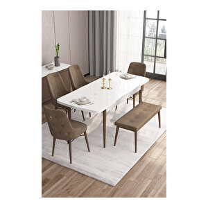 Noa Serisi,beyaz Masa Ceviz Ayak Mdf 80x132 Açılabilir Yemek Odası Takımı,4 Sandalye Gold Halkalı Ve 1 Bench Kahverengi