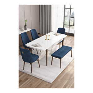 Noa Serisi,beyaz Masa Ceviz Ayak Mdf 80x132 Açılabilir Yemek Odası Takımı,4 Sandalye Gold Halkalı Ve 1 Bench Lacivert