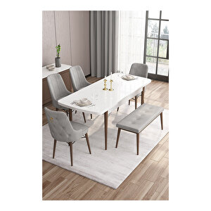 Noa Serisi,beyaz Masa Ceviz Ayak Mdf 80x132 Açılabilir Yemek Odası Takımı,4 Sandalye Gold Halkalı Ve 1 Bench Gri