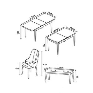 Noa Serisi,beyaz Masa Ceviz Ayak Mdf 80x132 Açılabilir Yemek Odası Takımı,4 Sandalye Gold Halkalı Ve 1 Bench