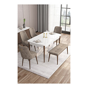 Noa Serisi,beyaz Masa Ceviz Ayak Mdf 80x132 Açılabilir Yemek Odası Takımı,4 Sandalye Gold Halkalı Ve 1 Bench Cappucino