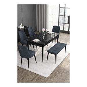 Noa Serisi, 80x132 Mdf Açılabilir Siyah Mermer Desen Masa Takımı, 4 Sandalye Gold Halkalı Ve 1 Bench Antrasit