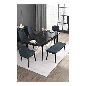 Noa Serisi, 80x132 Mdf Açılabilir Siyah Mermer Desen Masa Takımı, 4 Sandalye Gold Halkalı Ve 1 Bench Antrasit