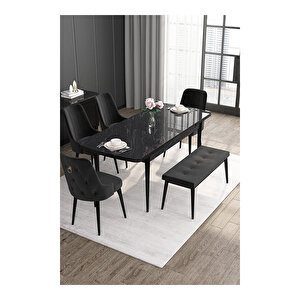 Noa Serisi, 80x132 Mdf Açılabilir Siyah Mermer Desen Masa Takımı, 4 Sandalye Gold Halkalı Ve 1 Bench Siyah