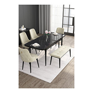 Noa Serisi, 80x132 Mdf Açılabilir Siyah Mermer Desen Masa Takımı, 4 Sandalye Gold Halkalı Ve 1 Bench Krem