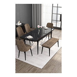 Noa Serisi, 80x132 Mdf Açılabilir Siyah Mermer Desen Masa Takımı, 4 Sandalye Gold Halkalı Ve 1 Bench Kahverengi