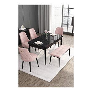 Noa Serisi, 80x132 Mdf Açılabilir Siyah Mermer Desen Masa Takımı, 4 Sandalye Gold Halkalı Ve 1 Bench Pembe