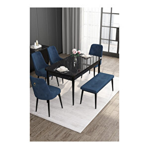 Noa Serisi, 80x132 Mdf Açılabilir Siyah Mermer Desen Masa Takımı, 4 Sandalye Gold Halkalı Ve 1 Bench Lacivert