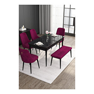 Noa Serisi, 80x132 Mdf Açılabilir Siyah Mermer Desen Masa Takımı, 4 Sandalye Gold Halkalı Ve 1 Bench Mürdüm
