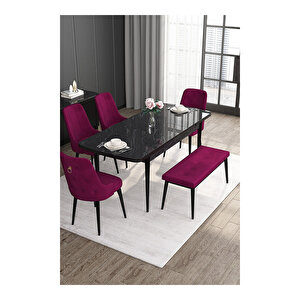 Noa Serisi, 80x132 Mdf Açılabilir Siyah Mermer Desen Masa Takımı, 4 Sandalye Gold Halkalı Ve 1 Bench Mürdüm