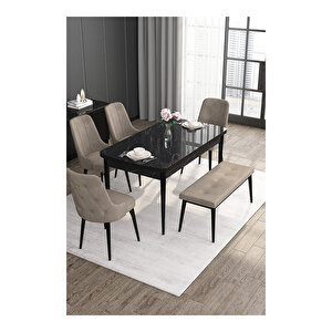 Noa Serisi, 80x132 Mdf Açılabilir Siyah Mermer Desen Masa Takımı, 4 Sandalye Gold Halkalı Ve 1 Bench Cappucino
