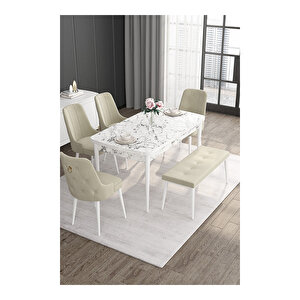 Noa Serisi, 80x132 Mdf Açılabilir Beyaz Mermer Desen Masa Takımı, 4 Sandalye Gold Halkalı Ve 1 Bench Krem
