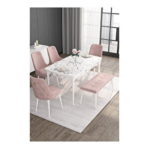 Noa Serisi, 80x132 Mdf Açılabilir Beyaz Mermer Desen Masa Takımı, 4 Sandalye Gold Halkalı Ve 1 Bench Pembe