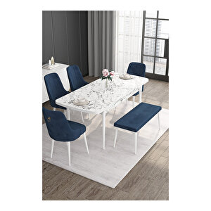 Noa Serisi, 80x132 Mdf Açılabilir Beyaz Mermer Desen Masa Takımı, 4 Sandalye Gold Halkalı Ve 1 Bench Lacivert