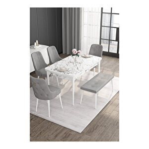 Noa Serisi, 80x132 Mdf Açılabilir Beyaz Mermer Desen Masa Takımı, 4 Sandalye Gold Halkalı Ve 1 Bench Gri