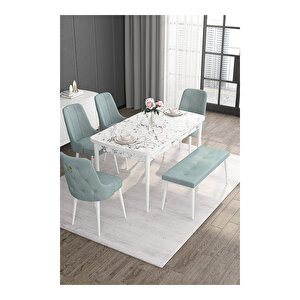 Noa Serisi, 80x132 Mdf Açılabilir Beyaz Mermer Desen Masa Takımı, 4 Sandalye Gold Halkalı Ve 1 Bench Su Yeşili