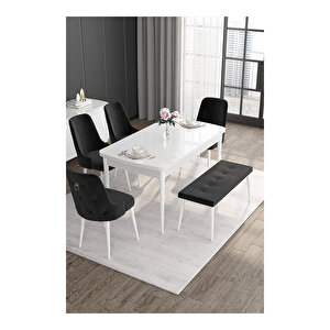 Noa Serisi, 80x132 Mdf Açılabilir Beyaz Masa Takımı, 4 Sandalye Gold Halkalı Ve 1 Bench Siyah