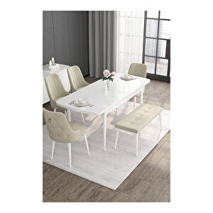 Noa Serisi, 80x132 Mdf Açılabilir Beyaz Masa Takımı, 4 Sandalye Gold Halkalı Ve 1 Bench Krem