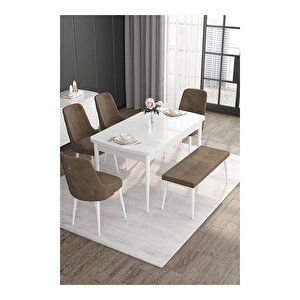 Noa Serisi, 80x132 Mdf Açılabilir Beyaz Masa Takımı, 4 Sandalye Gold Halkalı Ve 1 Bench Kahverengi
