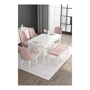 Noa Serisi, 80x132 Mdf Açılabilir Beyaz Masa Takımı, 4 Sandalye Gold Halkalı Ve 1 Bench Pembe