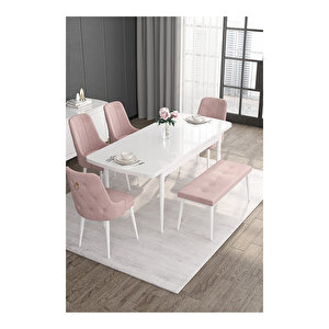 Noa Serisi, 80x132 Mdf Açılabilir Beyaz Masa Takımı, 4 Sandalye Gold Halkalı Ve 1 Bench Pembe