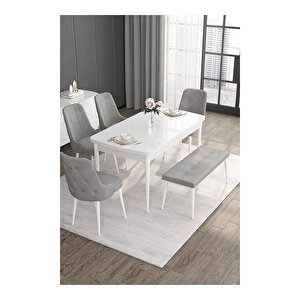Noa Serisi, 80x132 Mdf Açılabilir Beyaz Masa Takımı, 4 Sandalye Gold Halkalı Ve 1 Bench Gri