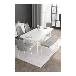 Noa Serisi, 80x132 Mdf Açılabilir Beyaz Masa Takımı, 4 Sandalye Gold Halkalı Ve 1 Bench Gri