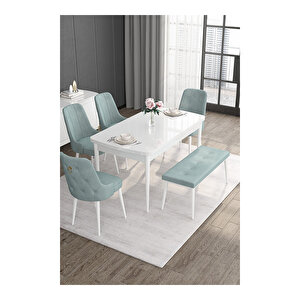 Noa Serisi, 80x132 Mdf Açılabilir Beyaz Masa Takımı, 4 Sandalye Gold Halkalı Ve 1 Bench Su Yeşili