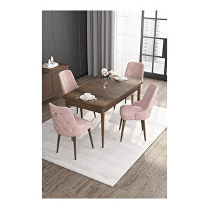 Noa Serisi, Mdf 80x132 Açılabilir Barok Ahşap Desen Mutfak Masa Takımı, 4 Sandalye Gümüş Halkalı Pembe