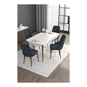 Noa Serisi,beyaz Masa Ceviz Ayak Mdf 80x132 Açılabilir Yemek Odası Takımı,4 Sandalye Gümüş Halkalı Antrasit