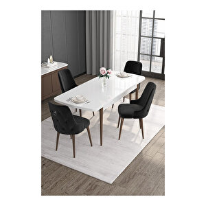 Noa Serisi,beyaz Masa Ceviz Ayak Mdf 80x132 Açılabilir Yemek Odası Takımı,4 Sandalye Gümüş Halkalı Siyah