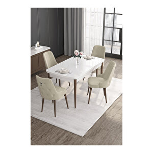 Noa Serisi,beyaz Masa Ceviz Ayak Mdf 80x132 Açılabilir Yemek Odası Takımı,4 Sandalye Gümüş Halkalı Krem