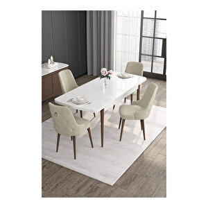 Noa Serisi,beyaz Masa Ceviz Ayak Mdf 80x132 Açılabilir Yemek Odası Takımı,4 Sandalye Gümüş Halkalı Krem