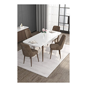 Noa Serisi,beyaz Masa Ceviz Ayak Mdf 80x132 Açılabilir Yemek Odası Takımı,4 Sandalye Gümüş Halkalı Kahverengi