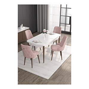Noa Serisi,beyaz Masa Ceviz Ayak Mdf 80x132 Açılabilir Yemek Odası Takımı,4 Sandalye Gümüş Halkalı