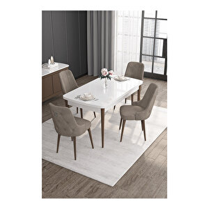 Noa Serisi,beyaz Masa Ceviz Ayak Mdf 80x132 Açılabilir Yemek Odası Takımı,4 Sandalye Gümüş Halkalı Cappucino