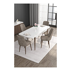 Noa Serisi,beyaz Masa Ceviz Ayak Mdf 80x132 Açılabilir Yemek Odası Takımı,4 Sandalye Gümüş Halkalı Cappucino