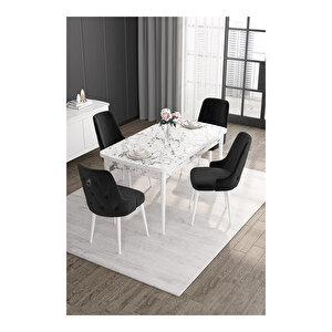 Noa Serisi, 80x132 Mdf Açılabilir Beyaz Mermer Desen Masa Takımı, 4 Sandalye Gümüş Halkalı Siyah