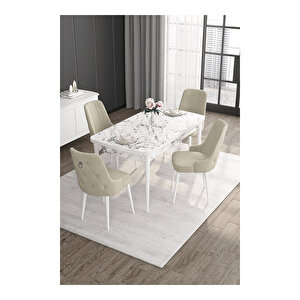Noa Serisi, 80x132 Mdf Açılabilir Beyaz Mermer Desen Masa Takımı, 4 Sandalye Gümüş Halkalı Krem